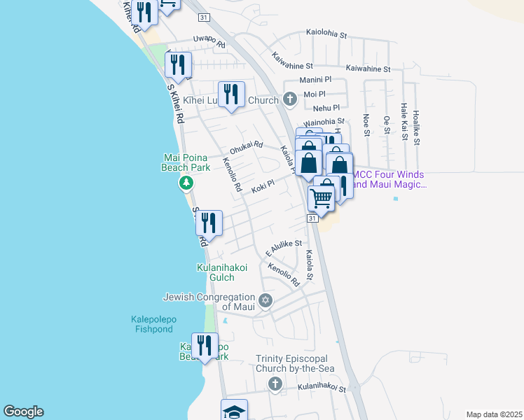 map of restaurants, bars, coffee shops, grocery stores, and more near 129 Pauloa Place in Kihei