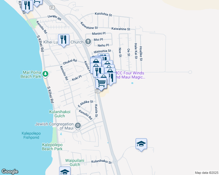 map of restaurants, bars, coffee shops, grocery stores, and more near 300 Ohukai Road in Kihei