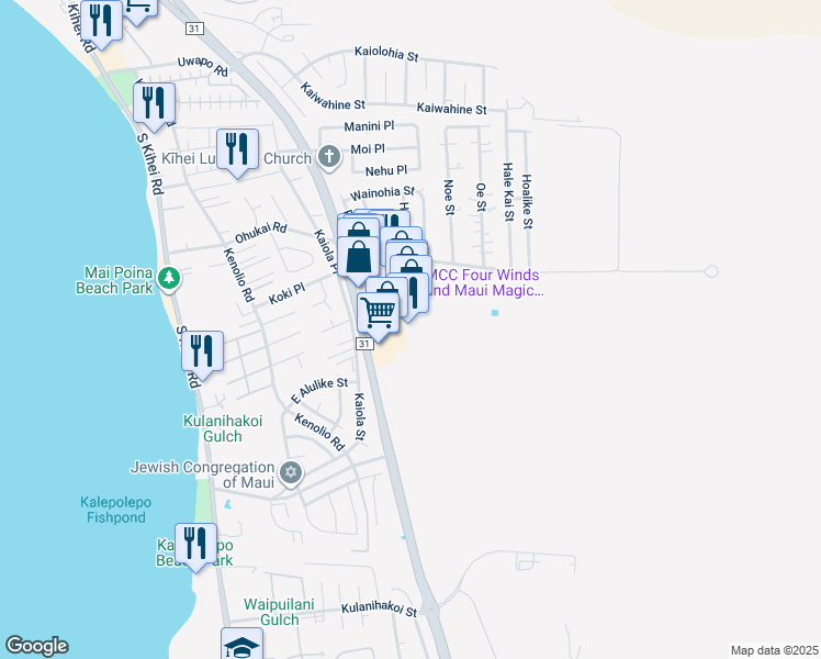 map of restaurants, bars, coffee shops, grocery stores, and more near 300 Ohukai Road in Kihei