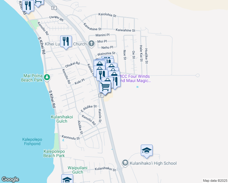 map of restaurants, bars, coffee shops, grocery stores, and more near 300 Ohukai Road in Kihei