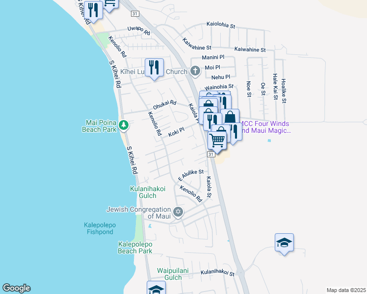 map of restaurants, bars, coffee shops, grocery stores, and more near 150 Pauloa Place in Kihei