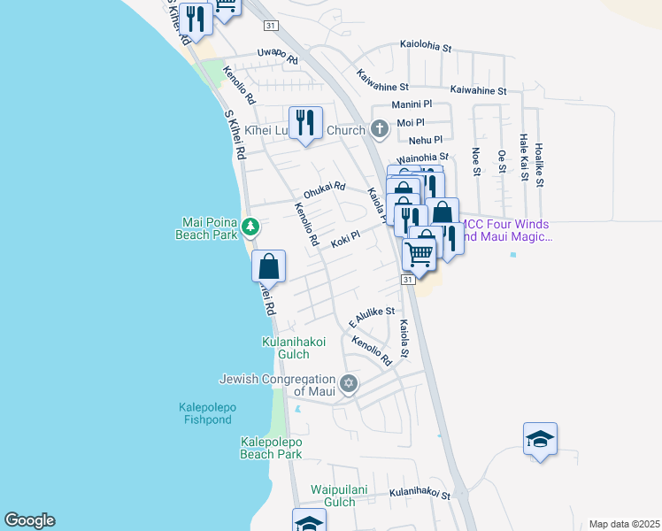 map of restaurants, bars, coffee shops, grocery stores, and more near 8 Kuilima Place in Kihei