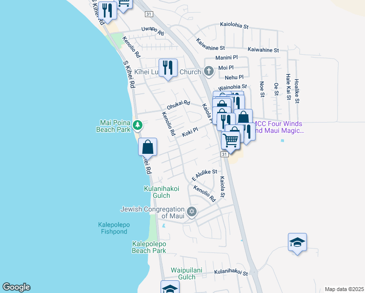 map of restaurants, bars, coffee shops, grocery stores, and more near 8 Kuilima Place in Kihei