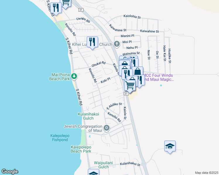 map of restaurants, bars, coffee shops, grocery stores, and more near 147 Pauloa Place in Kihei
