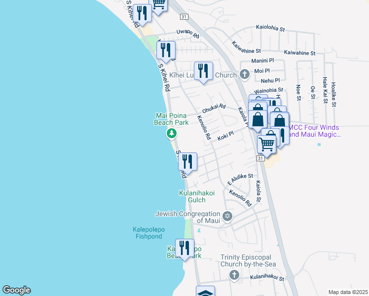 map of restaurants, bars, coffee shops, grocery stores, and more near 12 Kai Makani Loop in Kihei