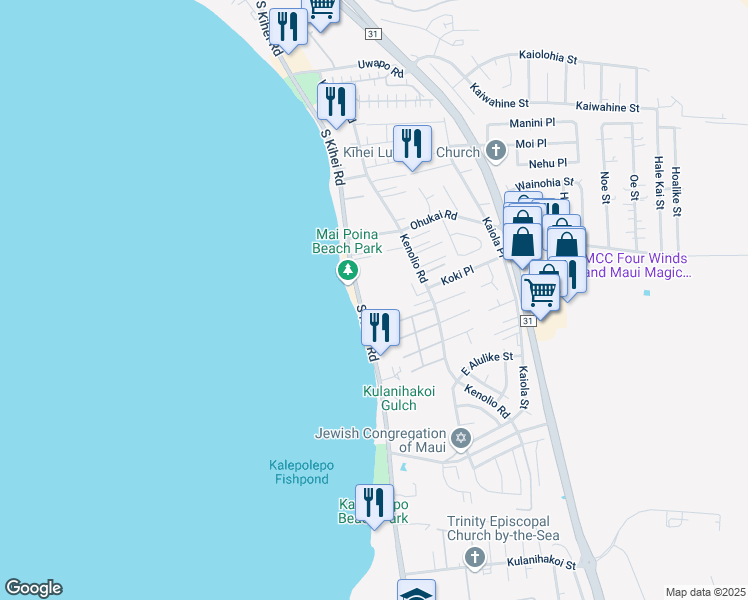 map of restaurants, bars, coffee shops, grocery stores, and more near 14 Kai Makani Loop in Kihei