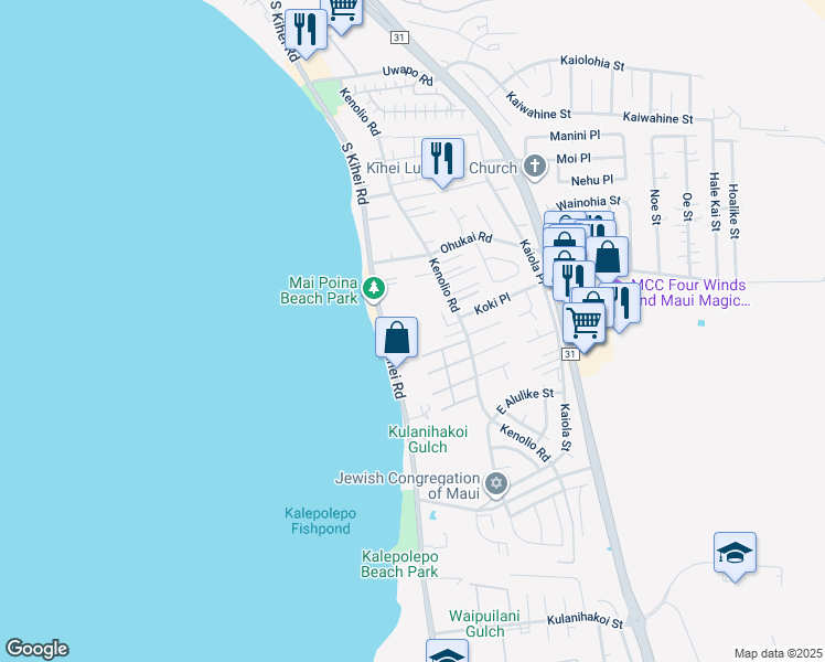 map of restaurants, bars, coffee shops, grocery stores, and more near 41 Kai Makani Loop in Kihei