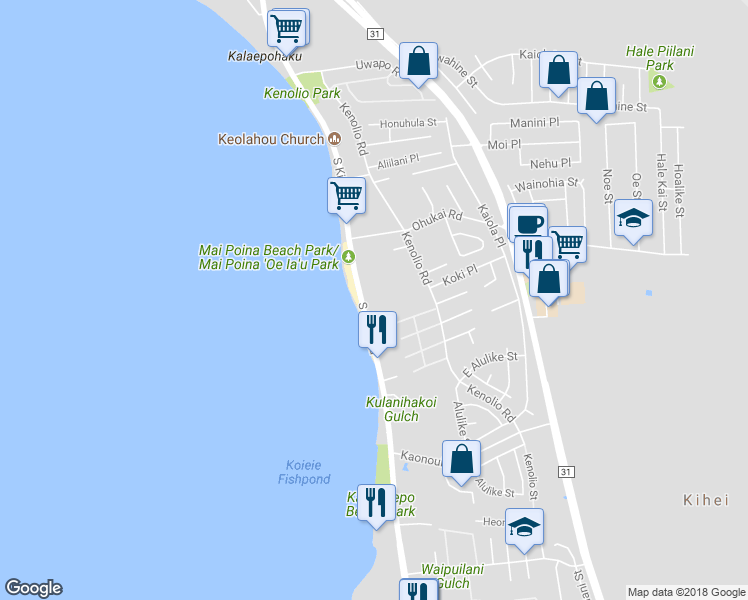 map of restaurants, bars, coffee shops, grocery stores, and more near 34 Kai Makani Loop in Kihei