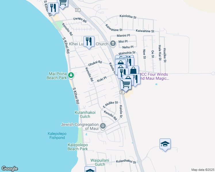 map of restaurants, bars, coffee shops, grocery stores, and more near 487 Kalalau Place in Kihei