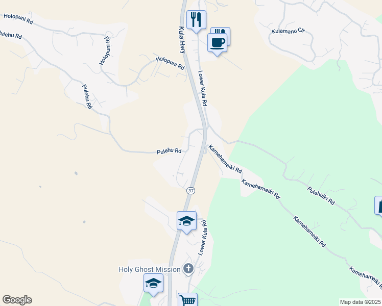 map of restaurants, bars, coffee shops, grocery stores, and more near 3515 Lower Kula Road in Kula