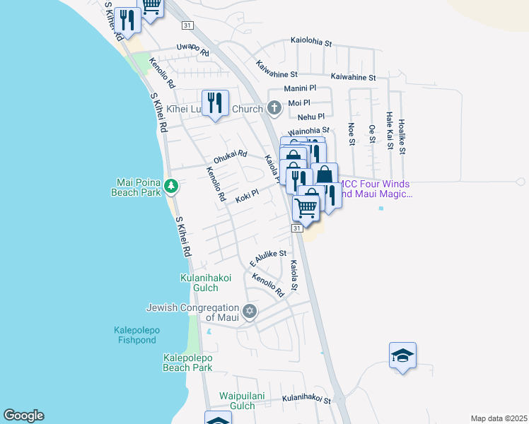 map of restaurants, bars, coffee shops, grocery stores, and more near 485 Kalalau Place in Kihei