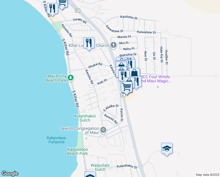 map of restaurants, bars, coffee shops, grocery stores, and more near 485 Kalalau Place in Kihei