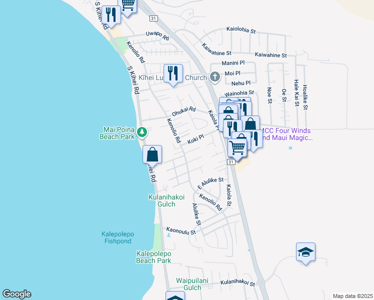 map of restaurants, bars, coffee shops, grocery stores, and more near 15 Kuilima Place in Kihei