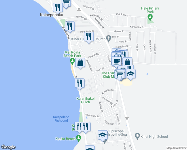 map of restaurants, bars, coffee shops, grocery stores, and more near 433 Kenolio Road in Kihei