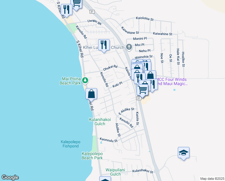 map of restaurants, bars, coffee shops, grocery stores, and more near 15 Kuilima Place in Kihei