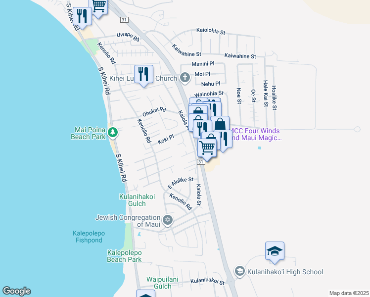 map of restaurants, bars, coffee shops, grocery stores, and more near 467 Kalalau Place in Kihei