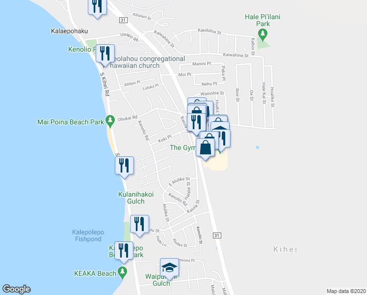 map of restaurants, bars, coffee shops, grocery stores, and more near 467 Kalalau Place in Kihei
