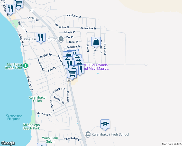 map of restaurants, bars, coffee shops, grocery stores, and more near 454 Ohukai Road in Kihei
