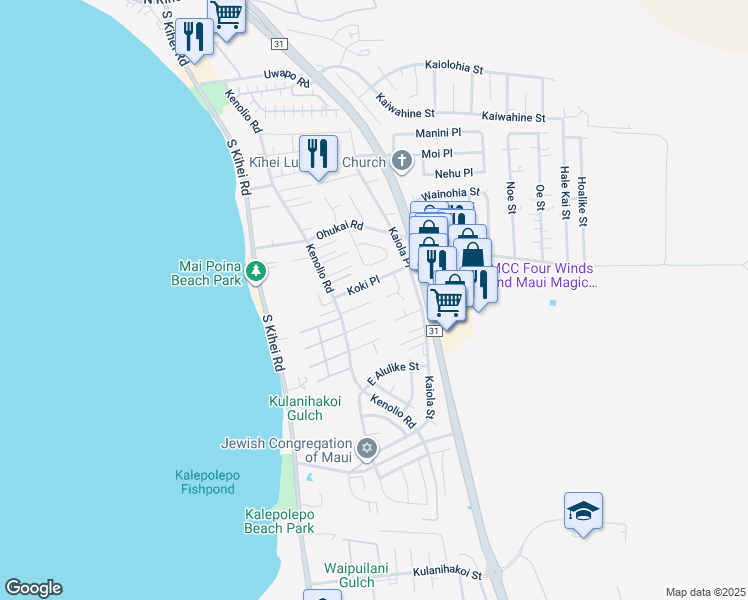 map of restaurants, bars, coffee shops, grocery stores, and more near 56 Kuilima Place in Kihei