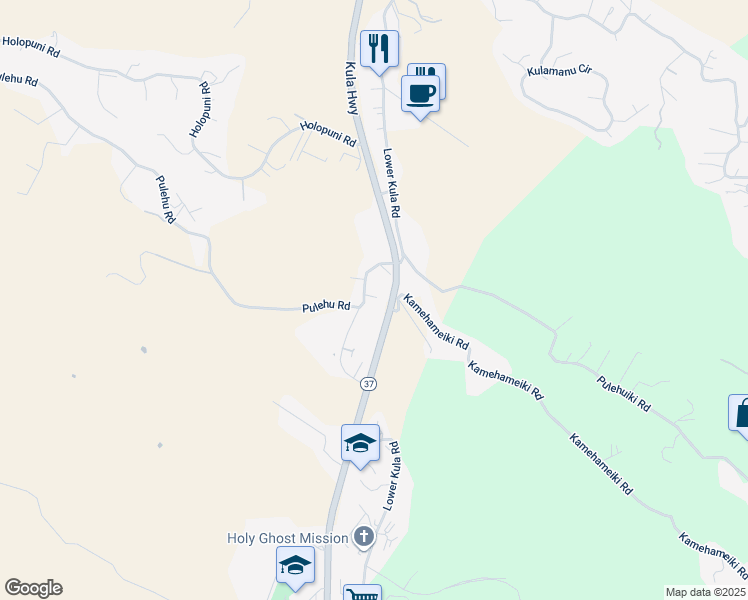 map of restaurants, bars, coffee shops, grocery stores, and more near 3465 Lower Kula Road in Kula