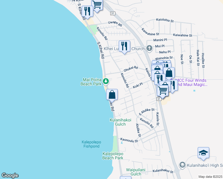 map of restaurants, bars, coffee shops, grocery stores, and more near 44 Kai Makani Loop in Kihei