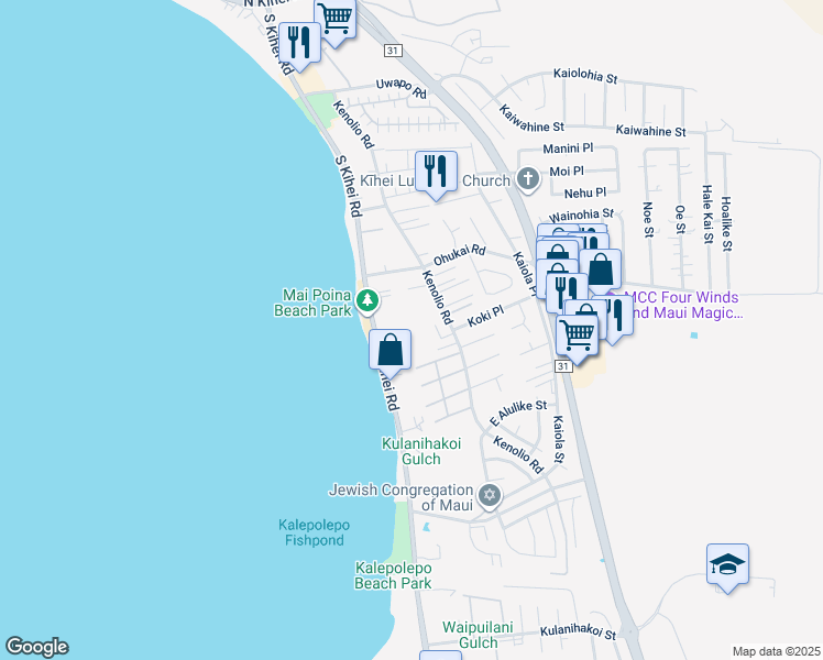 map of restaurants, bars, coffee shops, grocery stores, and more near 34 Kai Makani Loop in Kihei
