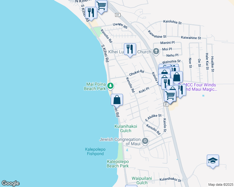 map of restaurants, bars, coffee shops, grocery stores, and more near 16 Kai Makani Loop in Kihei