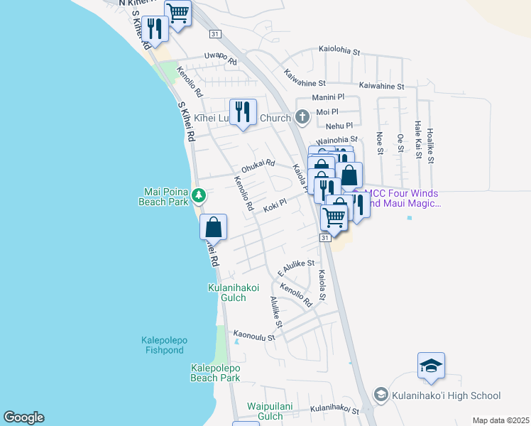 map of restaurants, bars, coffee shops, grocery stores, and more near 22 Koki Place in Kihei