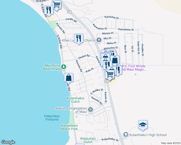 map of restaurants, bars, coffee shops, grocery stores, and more near 49 Kuilima Place in Kihei