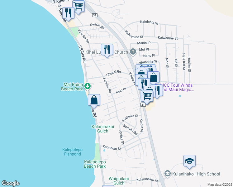 map of restaurants, bars, coffee shops, grocery stores, and more near 22 Koki Place in Kihei
