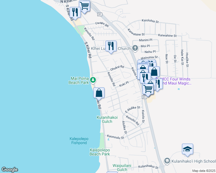 map of restaurants, bars, coffee shops, grocery stores, and more near 30 Kai Makani Loop in Kihei
