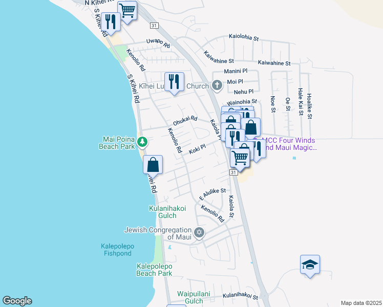 map of restaurants, bars, coffee shops, grocery stores, and more near 30 Koki Place in Kihei