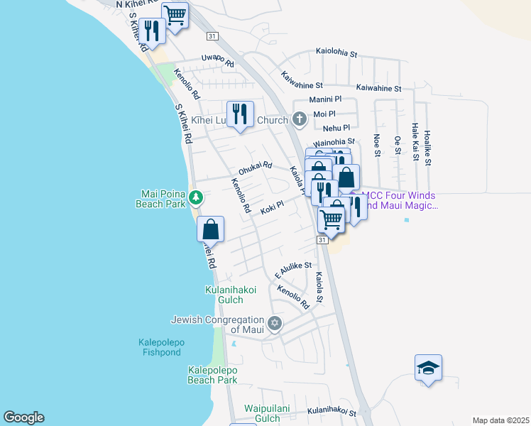 map of restaurants, bars, coffee shops, grocery stores, and more near 30 Koki Place in Kihei