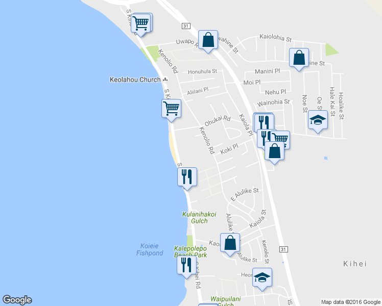 map of restaurants, bars, coffee shops, grocery stores, and more near 34 Kai Makani Loop in Kihei