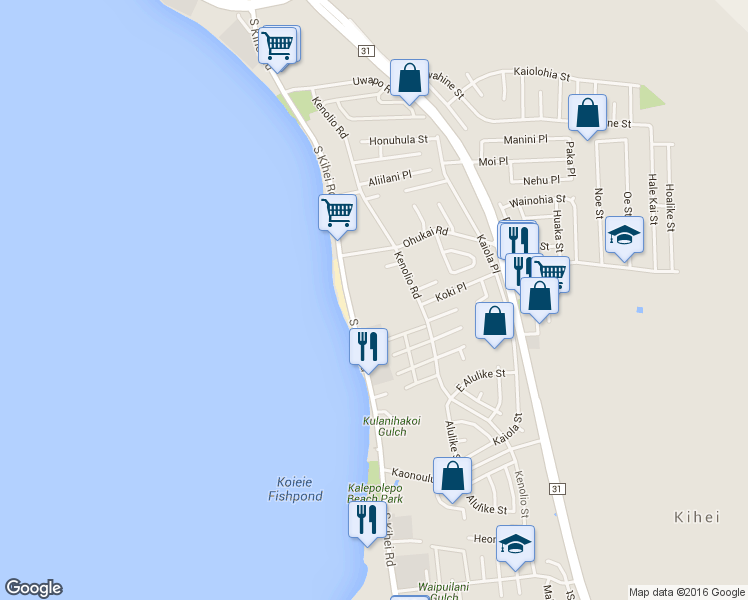 map of restaurants, bars, coffee shops, grocery stores, and more near 18 Kai Makani Loop in Kihei