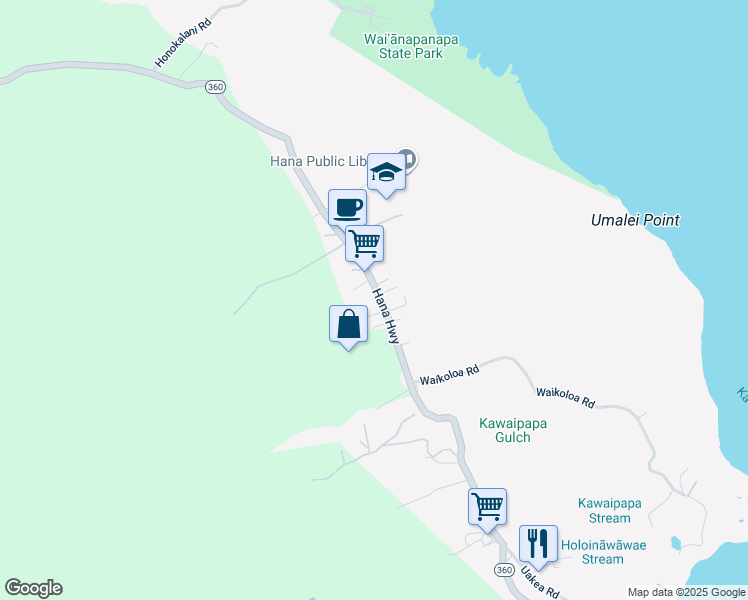 map of restaurants, bars, coffee shops, grocery stores, and more near 4206 Hana Highway in Hana