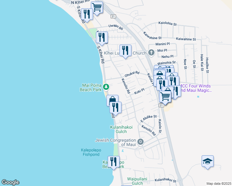 map of restaurants, bars, coffee shops, grocery stores, and more near 12 Kai Makani Loop in Kihei