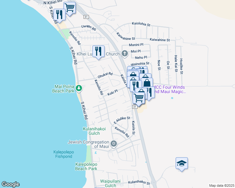 map of restaurants, bars, coffee shops, grocery stores, and more near 482 Kalalau Place in Kihei