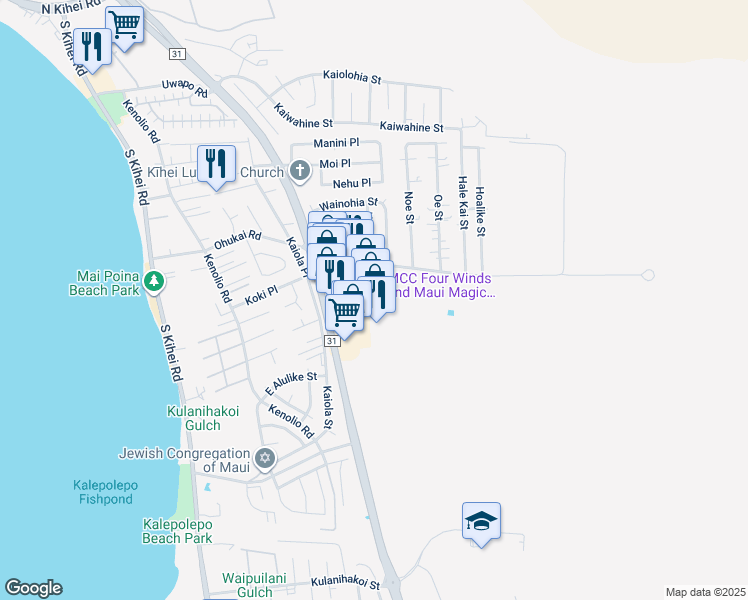 map of restaurants, bars, coffee shops, grocery stores, and more near 330 Ohukai Road in Kihei