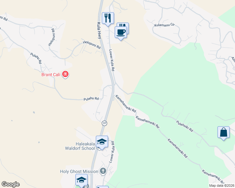 map of restaurants, bars, coffee shops, grocery stores, and more near 40 Pulehuiki Road in Kula