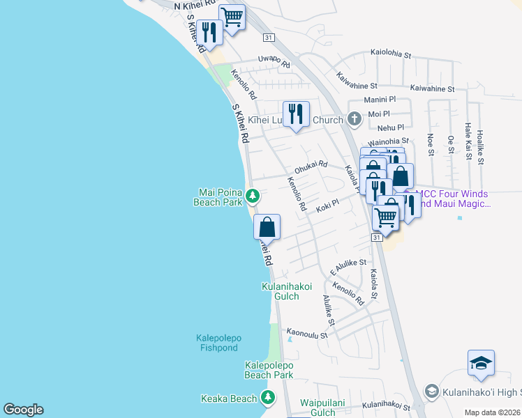 map of restaurants, bars, coffee shops, grocery stores, and more near 12 Kai Makani Loop in Kihei