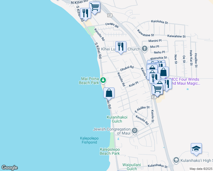 map of restaurants, bars, coffee shops, grocery stores, and more near 12 Kai Makani Loop in Kihei