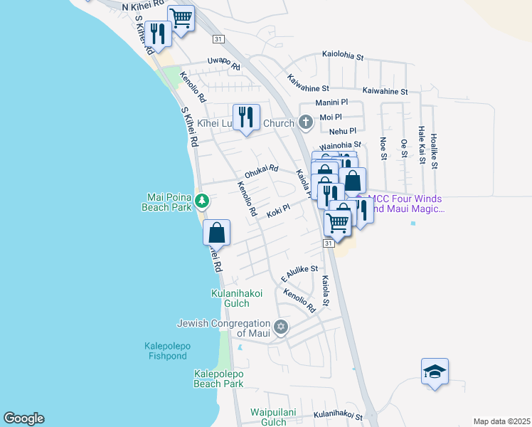 map of restaurants, bars, coffee shops, grocery stores, and more near 23 Koki Place in Kihei