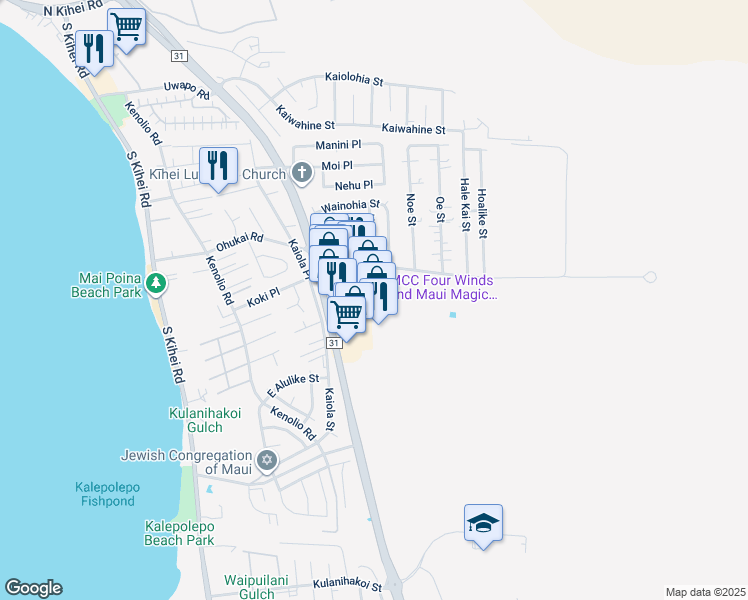 map of restaurants, bars, coffee shops, grocery stores, and more near 330 Ohukai Road in Kihei