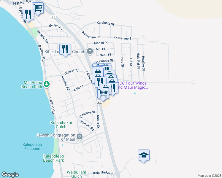 map of restaurants, bars, coffee shops, grocery stores, and more near 330 Ohukai Road in Kihei