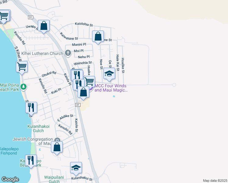 map of restaurants, bars, coffee shops, grocery stores, and more near 454 Ohukai Road in Kihei