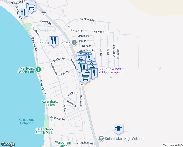map of restaurants, bars, coffee shops, grocery stores, and more near 330 Ohukai Road in Kihei