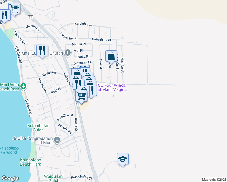 map of restaurants, bars, coffee shops, grocery stores, and more near 454 Ohukai Road in Kihei