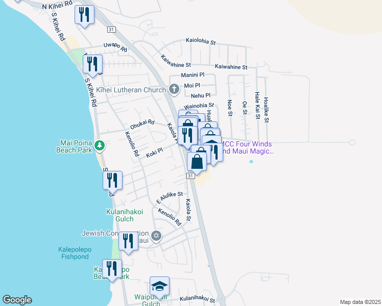 map of restaurants, bars, coffee shops, grocery stores, and more near 380 Huku Lii Place in Kihei