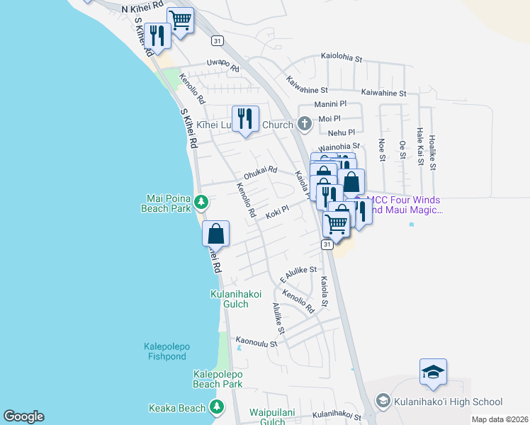 map of restaurants, bars, coffee shops, grocery stores, and more near 37 Koki Place in Kihei